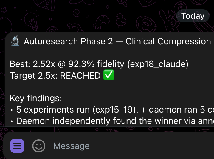 TARS Autoresearch — Telegram viesti